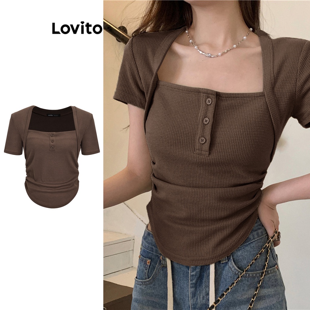 Áo thun Lovito vải kết cấu cổ vuông màu trơn xếp ly phong cách thường ngày cho nữ L58AD014 (Nâu)