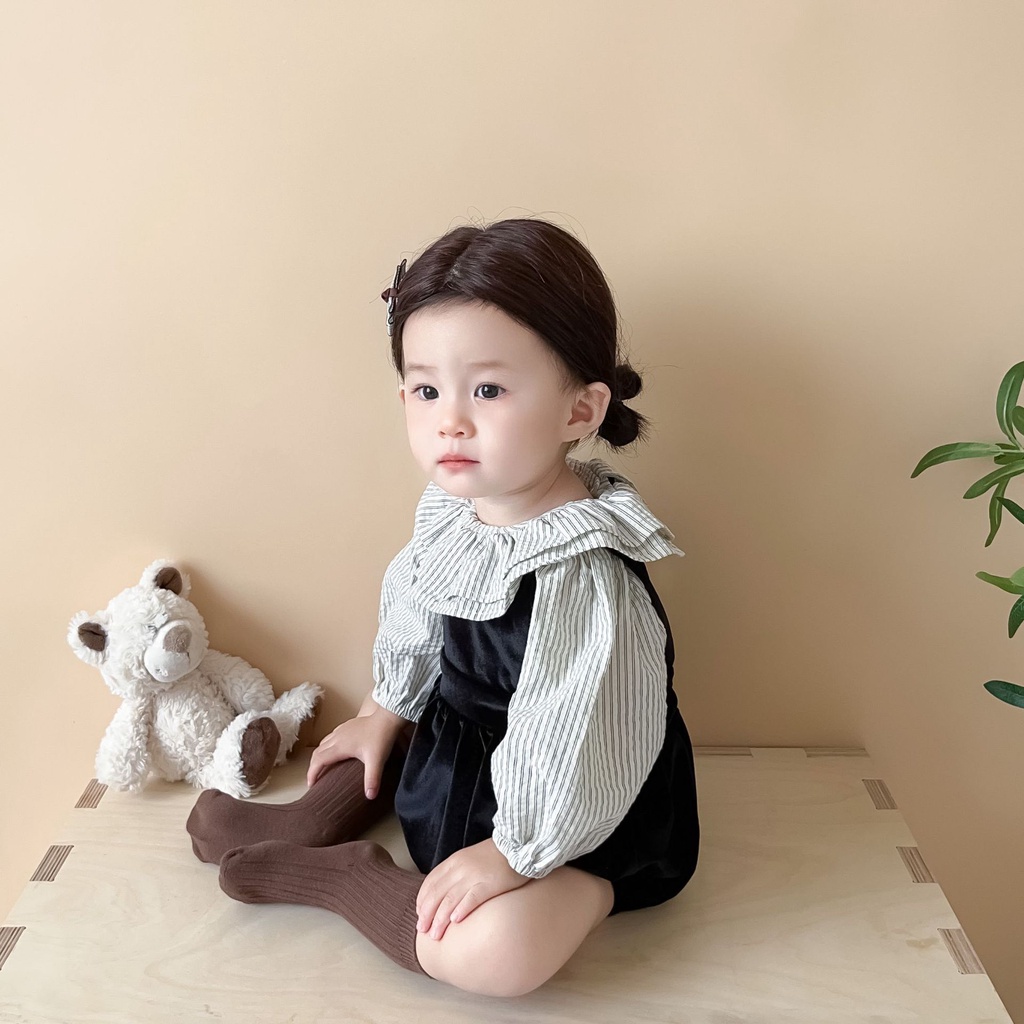 Set Áo Sơ Mi Cổ Búp Bê Họa Tiết Kẻ Sọc Hai Lớp Kèm Áo Khoác Lưng Thời Trang Cho Bé