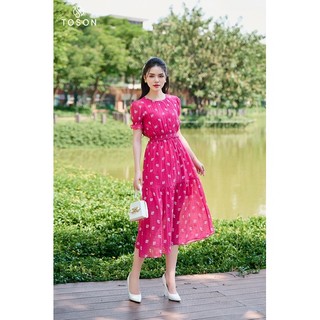 Đầm tơ hồng sen dáng xòe, thêu hoa trắng Toson 43054S33