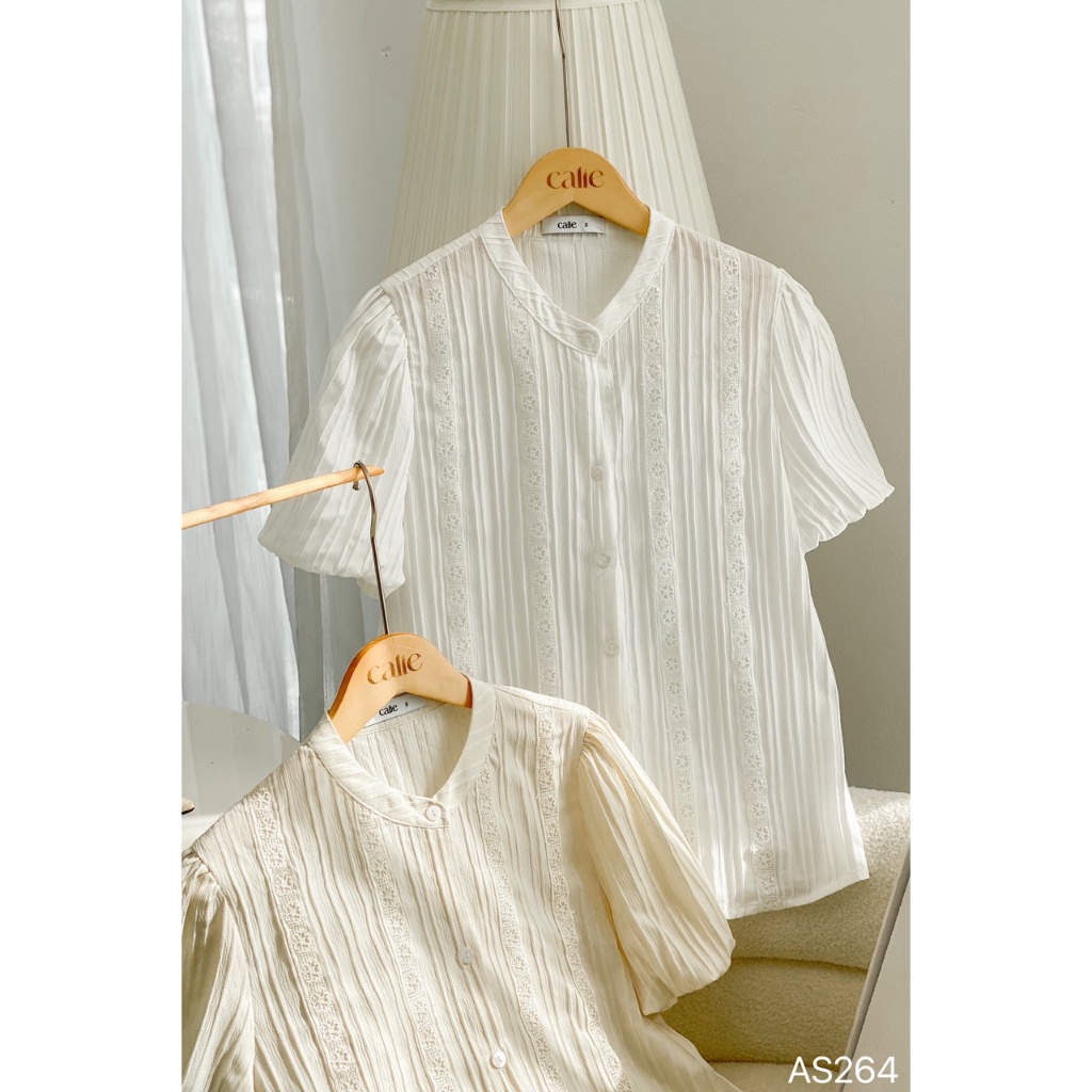 Áo sơ mi nữ cổ tàu phối ren tay bo CALIE AS264
