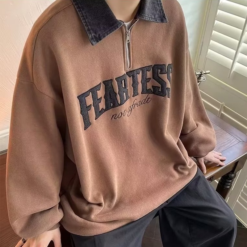 Áo polo Tay Dài Có Khóa Kéo Dáng Rộng Thời Trang Hàn Quốc Cho Nam