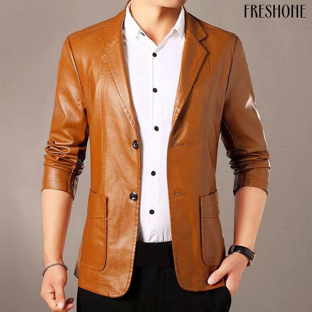 Áo Khoác Da Giả Cổ Bẻ Cài Nút Có Túi Phong Cách Xuân Thu Cho Nam Doanh Nhân Ngoài Trời