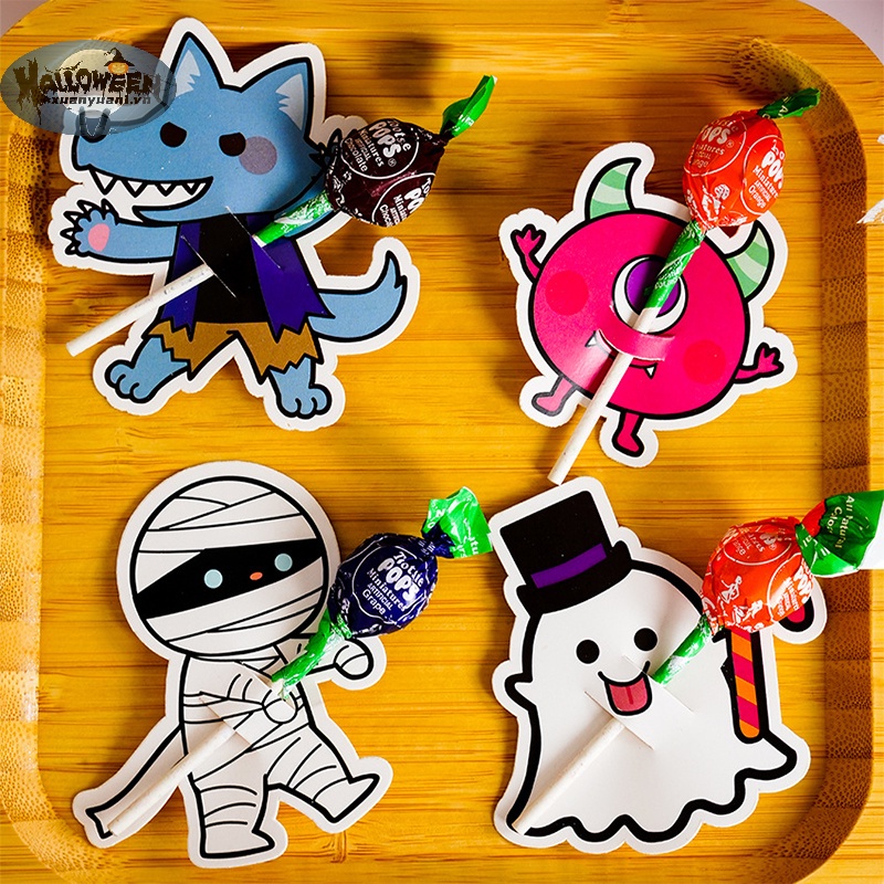 Set 50 Thẻ Hình Kẹo Mút / Bí Ngô / Đầu Lâu / Quái Vật Trang Trí Tiệc halloween vn