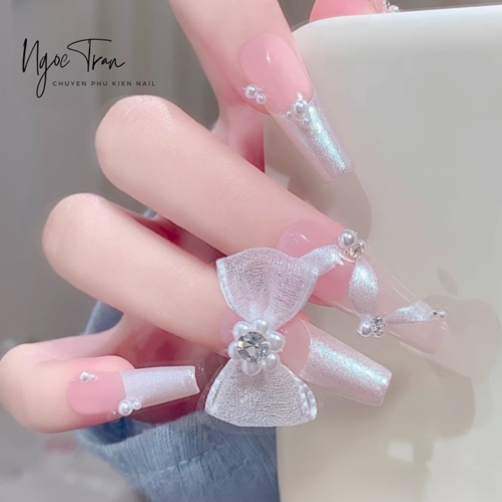 Nơ Vải Lưới Ngọc Trai Kim Cương Cổ Tích | Trang Trí Móng Tay NZ34