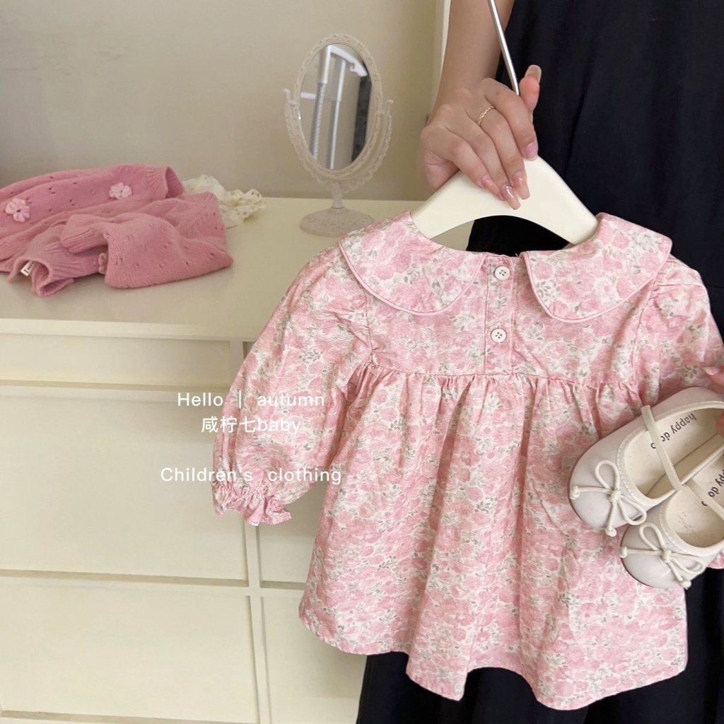 Set Váy Thu Đông, Váy Dệt Kim In Hoa Cổ Búp Bê + Áo Khoác Cardigan Phong Cách Hàn Quốc Thời TrangThu Đông Dành Cho Bé