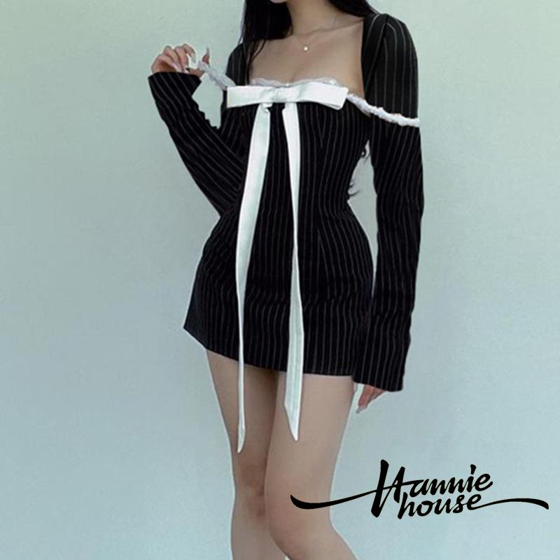 Đầm Dài Tay In Họa Tiết Sọc Phối Nơ Xinh Xắn Dành Cho Nữ