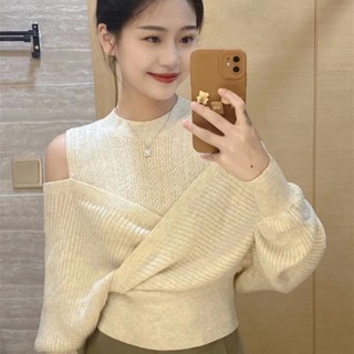 áo len Áo sweater Dệt Kim Trễ Vai Tay Dài Dáng Rộng Thời Trang Thu Đông Mới Áo Trễ Vai Tay Dài