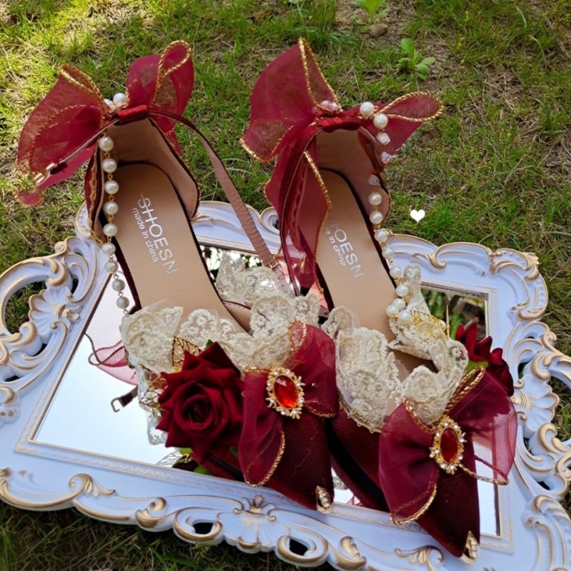 Giày Cao Gót lolita Pháp Thanh Lịch Tinh Tế Màu Đỏ Rượu Vang Cho Cô Dâu Trong Ngày Cưới