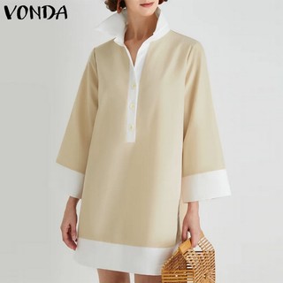 Đầm Sơ Mi Tay Lửng Dáng Rộng Phối Màu Kiểu vintage Thời Trang