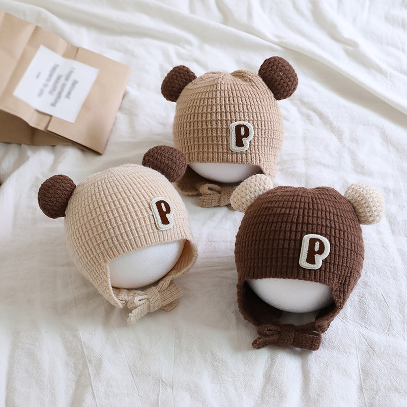 Mũ Len Dệt Kim Trùm Tai Gấu Siêu Dễ Thương Chống Gió Thời Trang Thu Đông Cho Bé