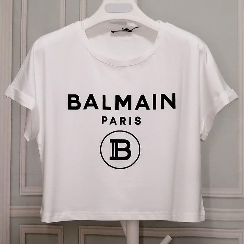 Balmain logo mới cuộn chữ một tay đổ xô áo thun ngắn tay dáng rộng