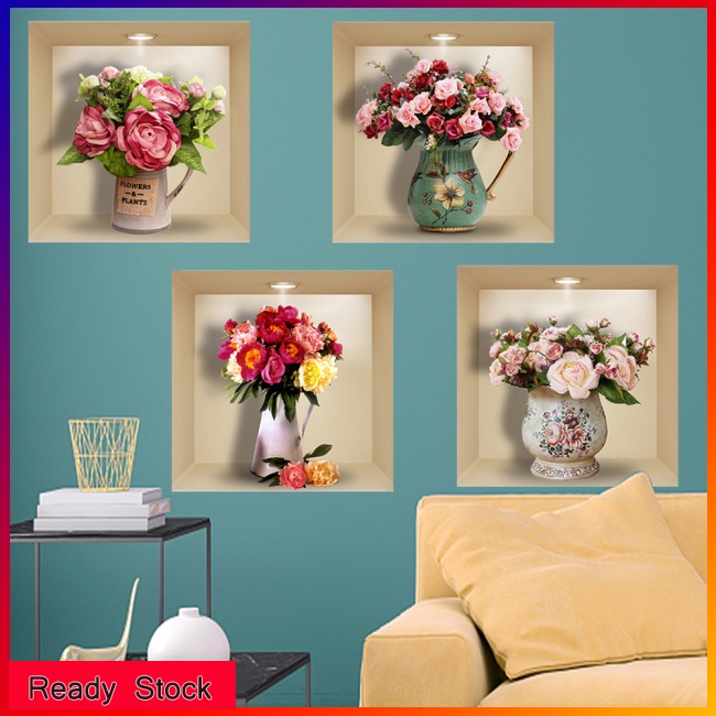 Set 4 Nhãn Dán Trang Trí Tường Họa Tiết Bình Hoa Hồng 3d Độc Đáo