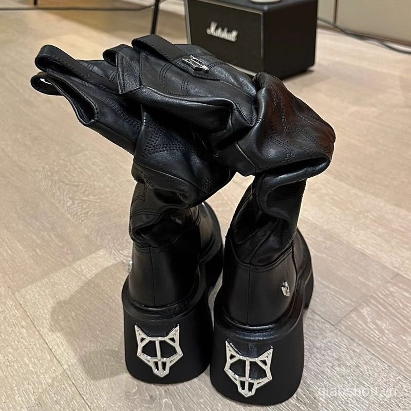 Giày Bốt Cao Bồi Mũi Nhọn Màu Đen Thời Trang Mùa Thu 2023