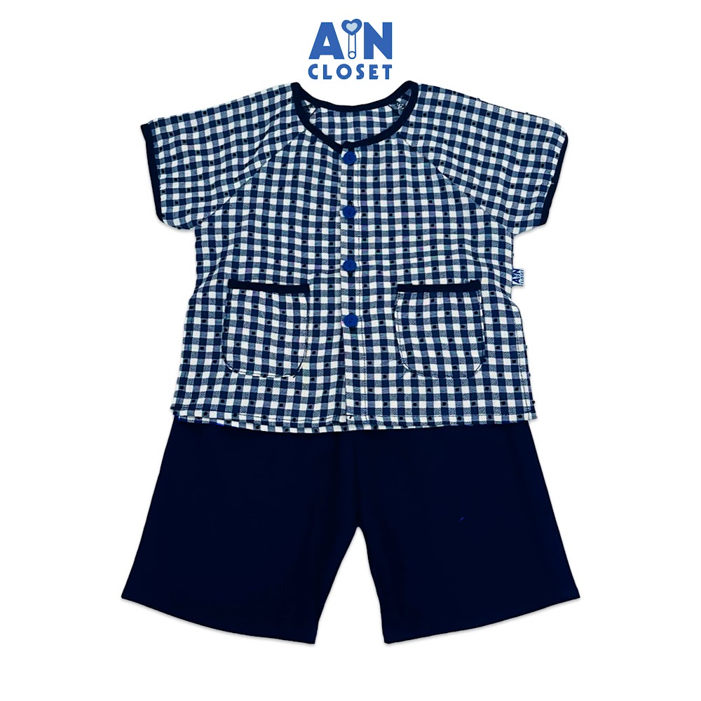 Bộ quần áo Bà ba Lửng unisex cho bé họa tiết Caro Xanh Đen cotton - AICDBTUG0NHN - AIN Closet