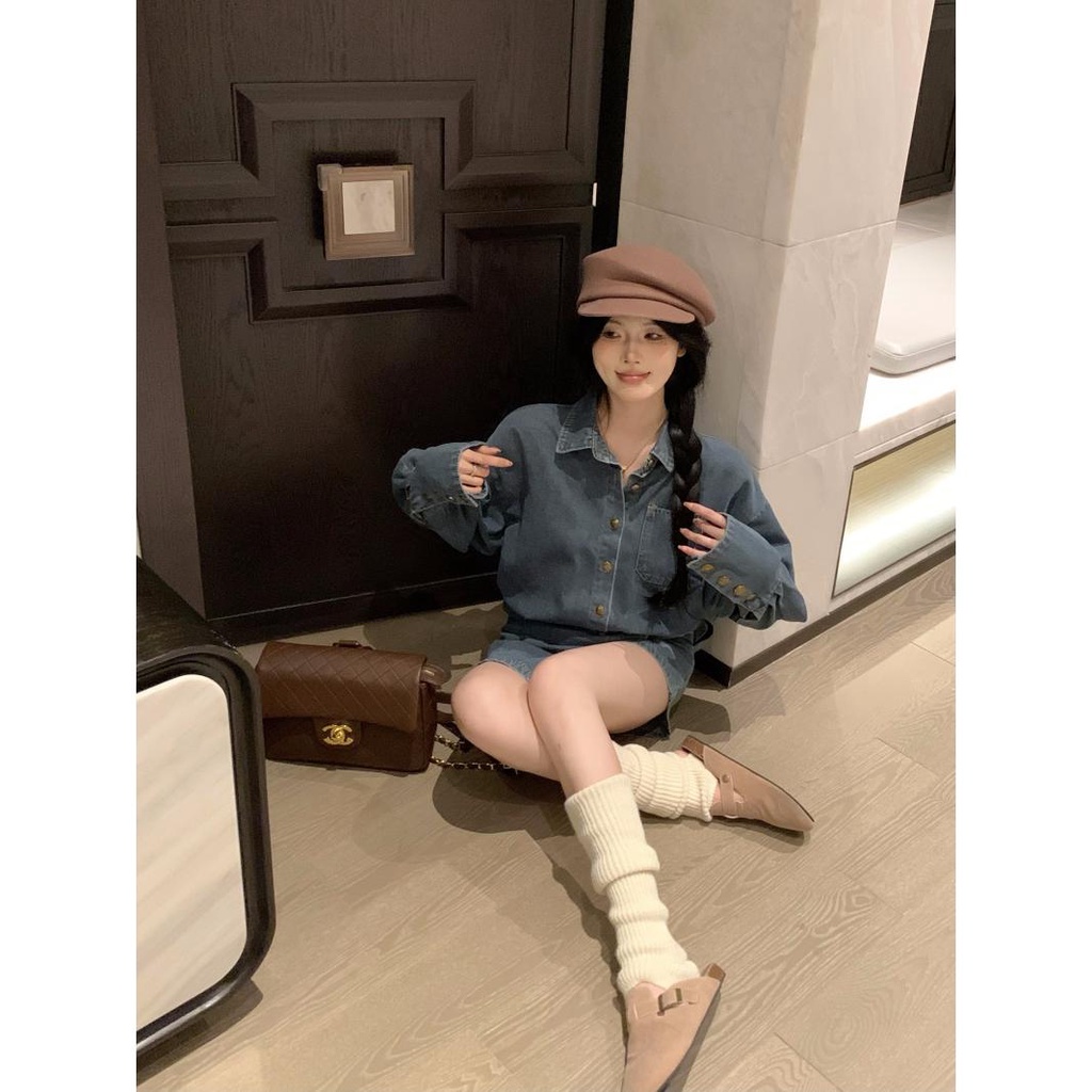 Set Áo Khoác Jeans Dài Tay + Chân Váy Jeans Thời Trang Hàn Cho Nữ 3n