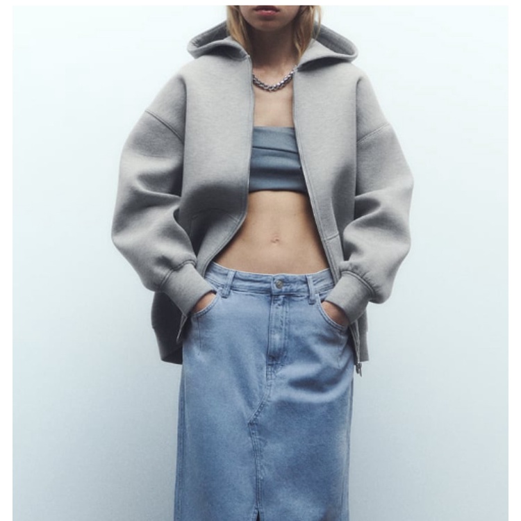 Zara Áo Khoác Hoodie Dáng Dài Phối Khóa Kéo Kim Loại Thời Trang Thu Đông Cá Tính8073221