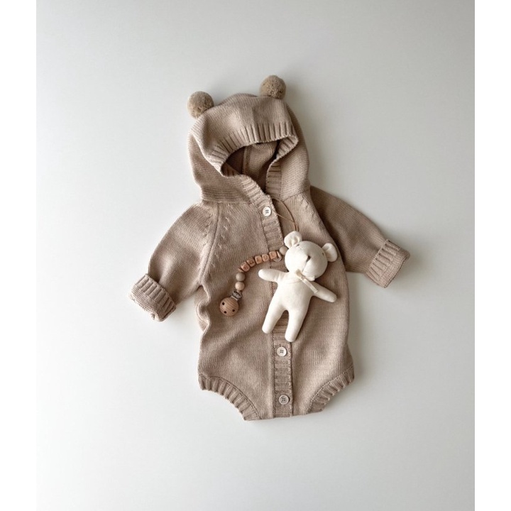 Bộ Áo Liền Quần Màu Trơn Tai Thỏ Dễ Thương Cho Bé Trai Sơ Sinh