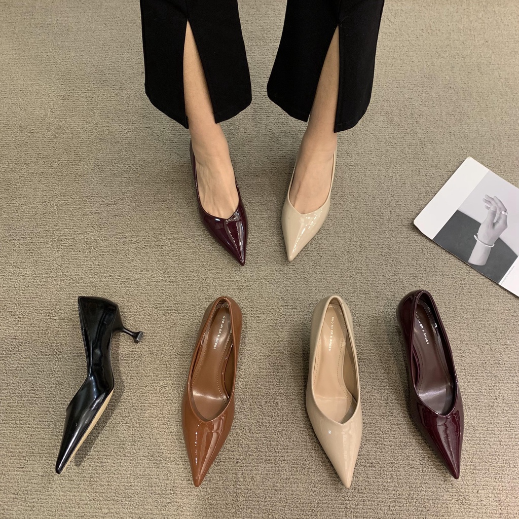 Giày Cao Gót Da Bóng Mũi Nhọn Màu nude Thời Trang Hàn Quốc 2023
