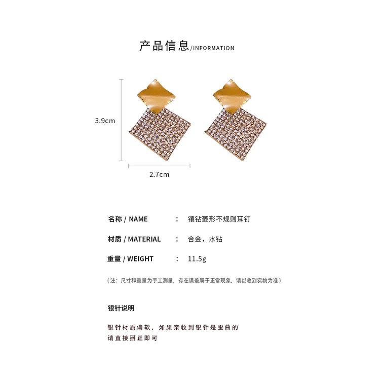 Bông Tai Mạ Bạc 925 Hình Vuông Đính Kim Cương Không Đều Sang Trọng Phong Cách Âu Mỹ