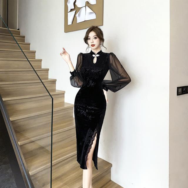 Sườn Xám Cách Tân Chất Nhung Cao Cấp Phong Cách retro Pháp 2023