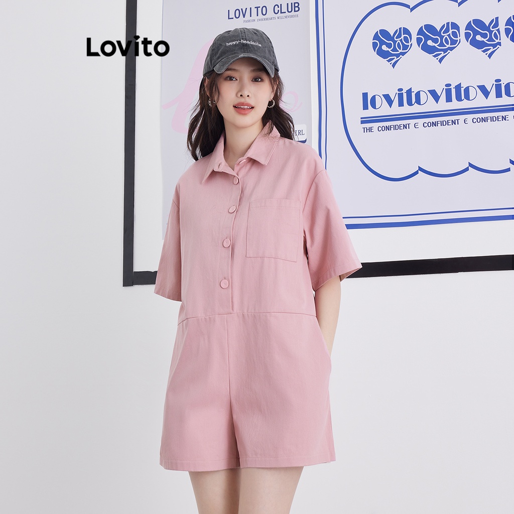 Áo liền quần Lovito phối nút có túi màu trơn phong cách xinh xắn cho nữ L58AD108 (Hồng/Đen)