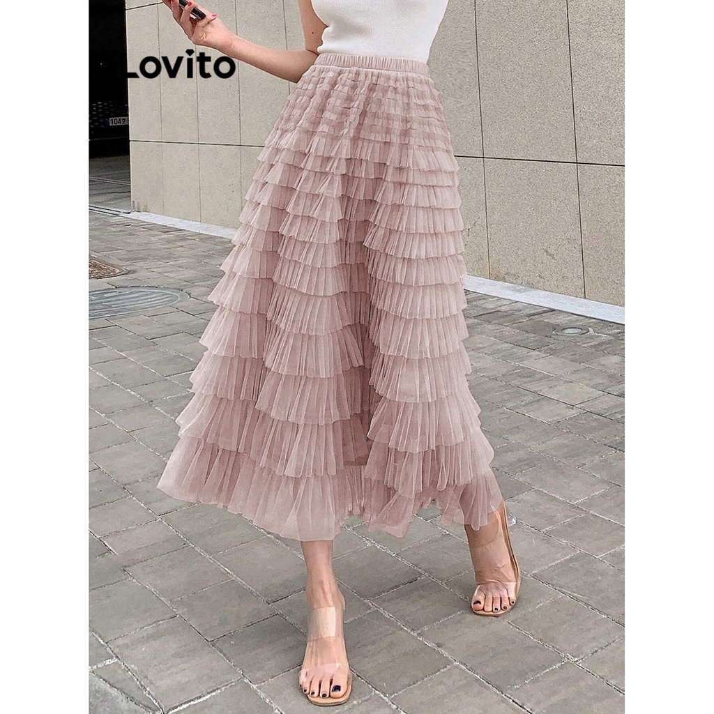 Chân váy Lovito xếp nhiều tầng màu trơn phong cách thường ngày cho nữ L58AD070 (Trắng/Hồng/Đen)