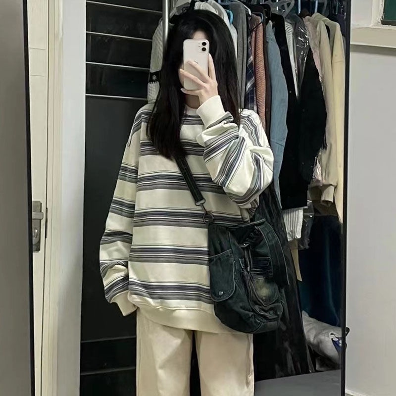 Cozok Áo Sweatshirt Kẻ Sọc Tay Dài oversize Phong Cách retro Thời Trang