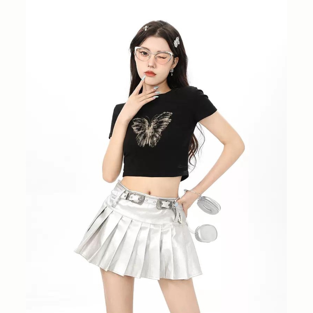 Áo croptop tay ngắn PINKSTORE29 cổ tròn in hình Cánh Bướm đơn giản A5863