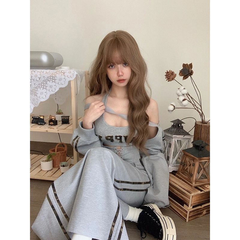 Bộ Áo Hai Dây + Chân Váy Phong Cách Mới 2023 + Áo Khoác Cardigan Màu Xám + Áo Sơ Mi Thuần Khiết rshv