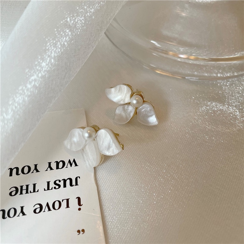 Khuyên Tai Nhỏ Hình Hoa Đính Ngọc Trai Trắng Phong Cách Mới Đơn Giản