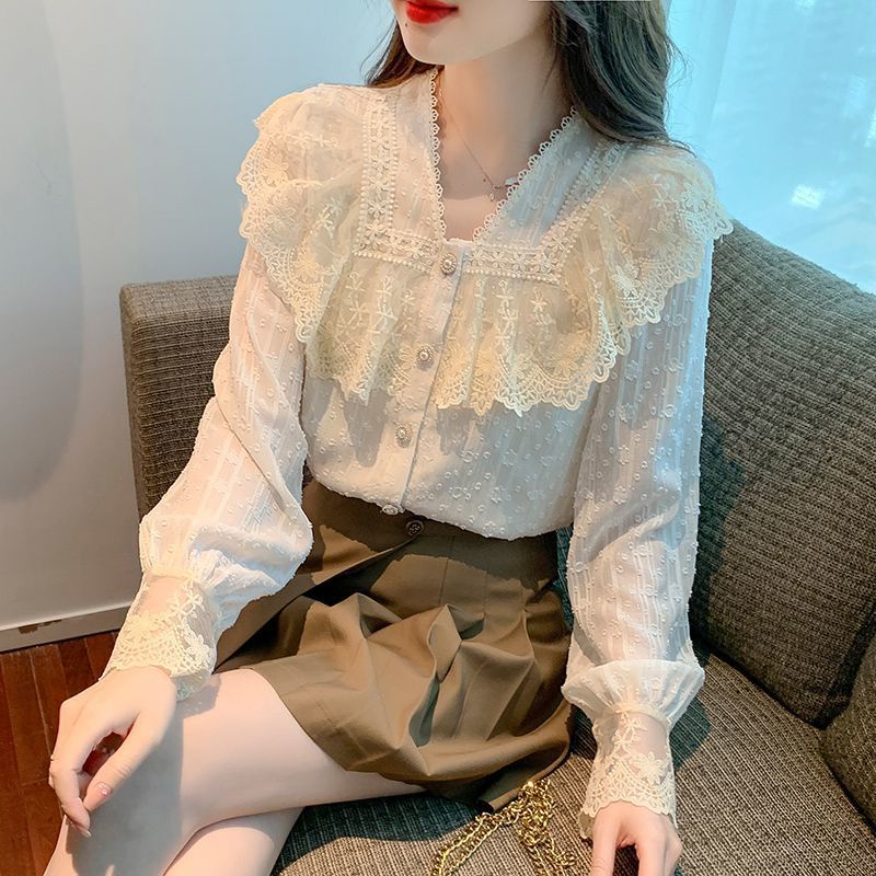 Áo Sơ Mi chiffon Phối Ren Che Bụng Thời Trang Mùa Thu Kiểu Mới Cho Nữ