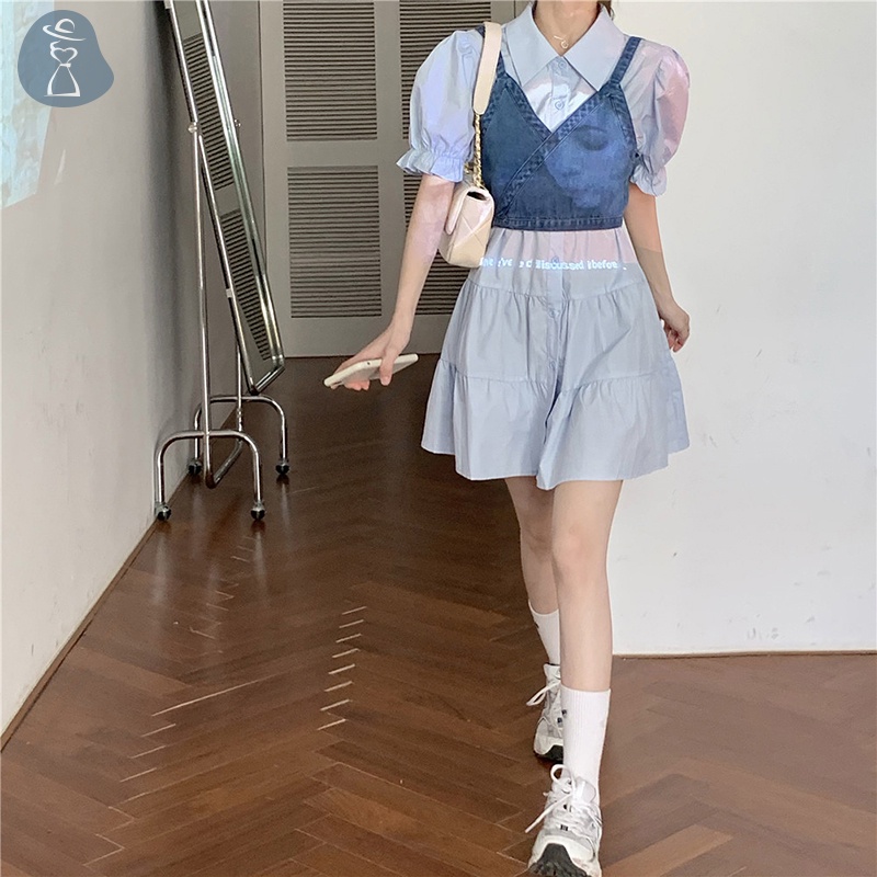 Đầm denim mini Dáng Chữ a Tay Phồng Lưng Cao Thời Trang Mùa Hè Cho Nữ