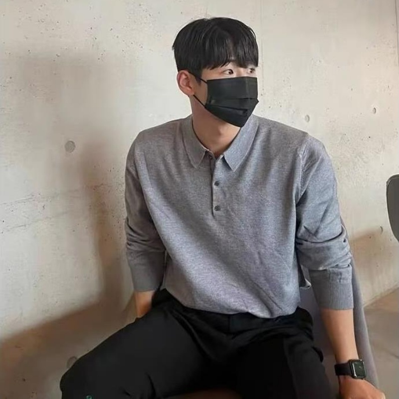 Áo Thun polo Dệt Kim Tay Dài Màu Sắc Đơn Giản Phong Cách retro Nhật Bản Cho Nam Giới