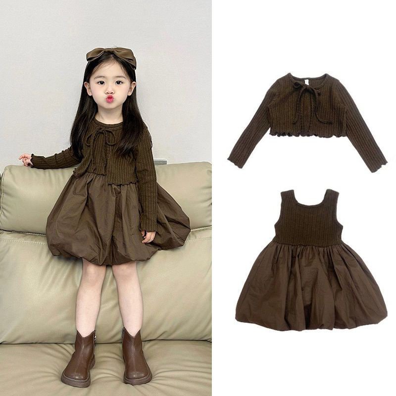 Bộ Áo Khoác cardigan Dệt Kim + Đầm Hai Dây In Hoa Phong Cách Hàn Quốc Thời Trang Mùa Thu 2023 Cho Bé Gái vpbs