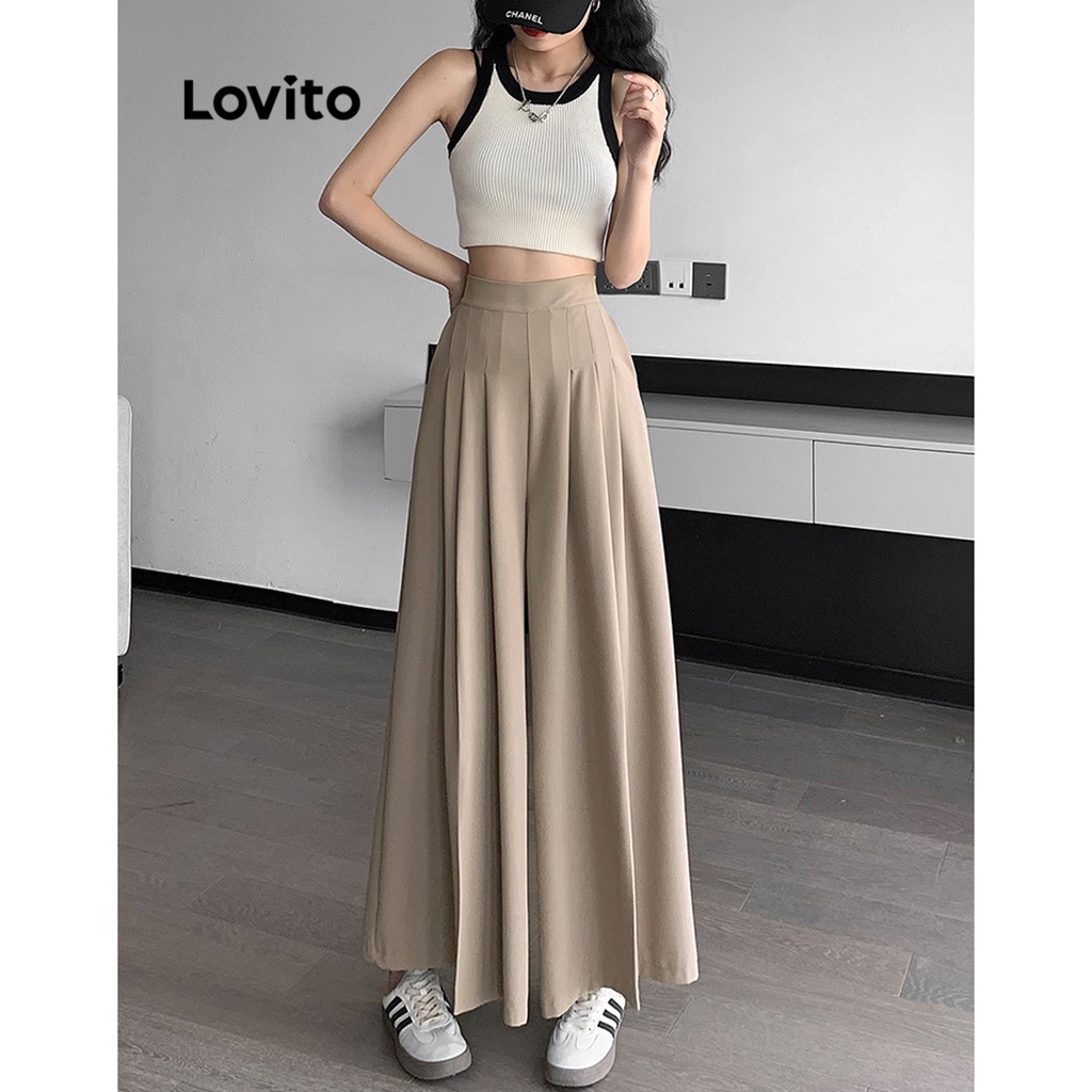 Quần Lovito xếp ly màu trơn thường ngày cho nữ LNE21065