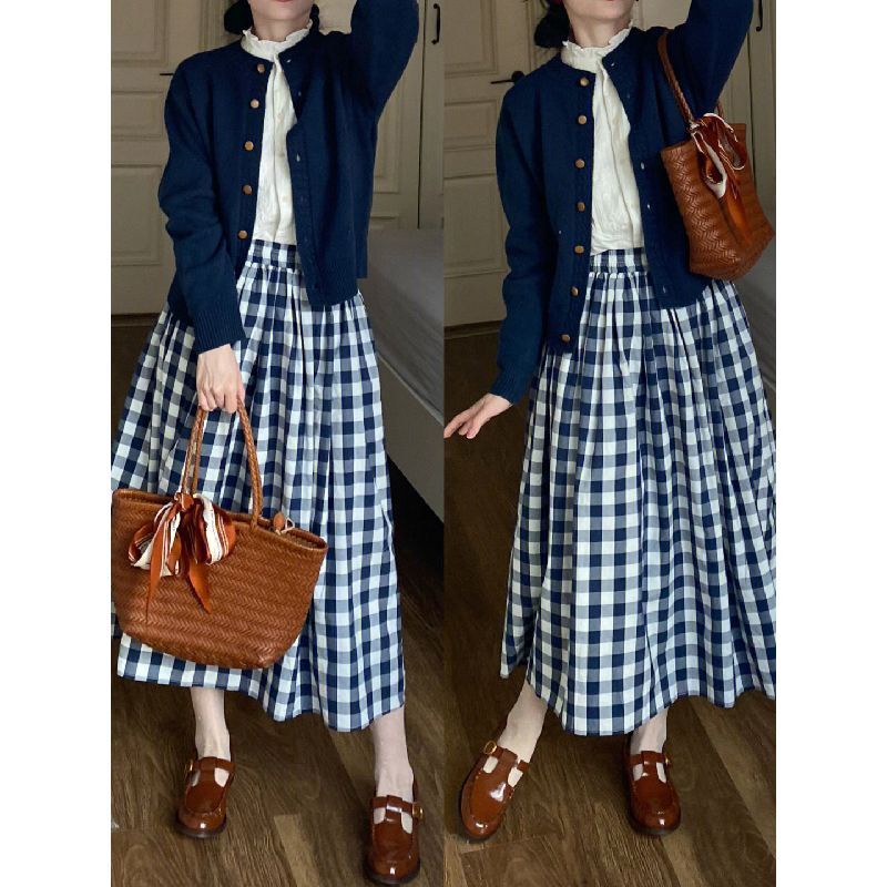 Set Áo Khoác cardigan Dệt Kim + Chân Váy Caro Phong Cách Hàn Quốc Cho Nữ