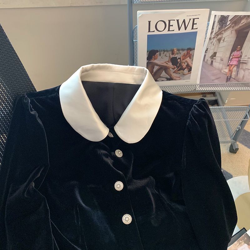 Áo Sơ Mi Nhung Cổ Búp Bê Màu Tương Phản Thời Trang Mùa Xuân Cho Nam Và Nữ