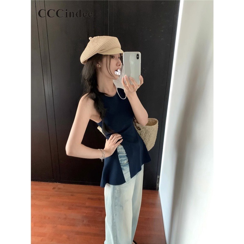 Áo Tank Top Hai Dây Dệt Kim Mỏng Cổ Tròn Xẻ Tà Màu Trơn Thời Trang Mới 2023 Dành Cho Bạn Nữ