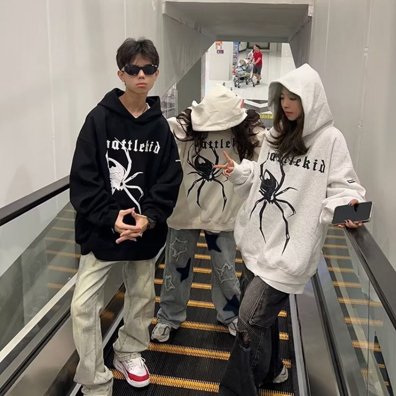 Đen Áo Khoác Hoodie Dáng Rộng In Hình Nhện Cá Tính Cho Cặp Đôi