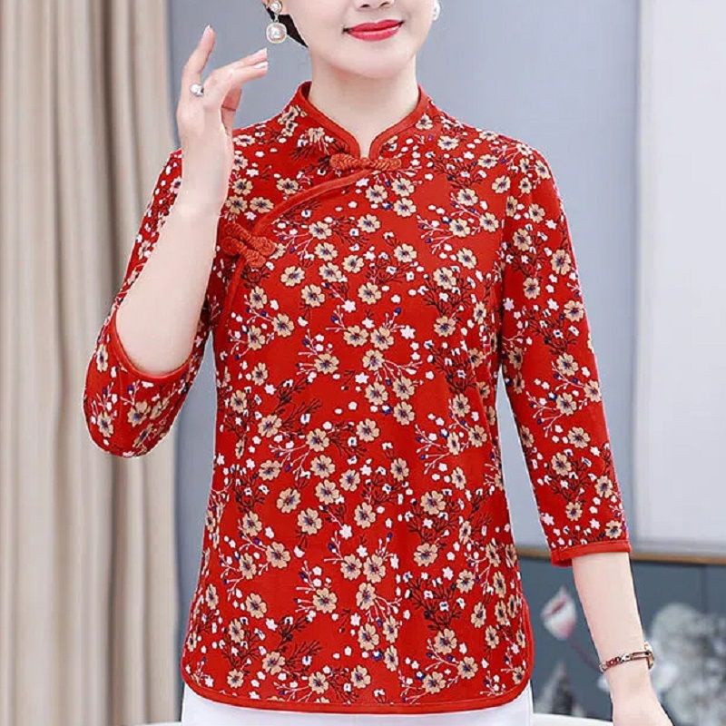 Áo Thun Tay Ngắn Kiểu Sườn Xám Thời Trang Xuân Hè Cho Nữ Trung Niên