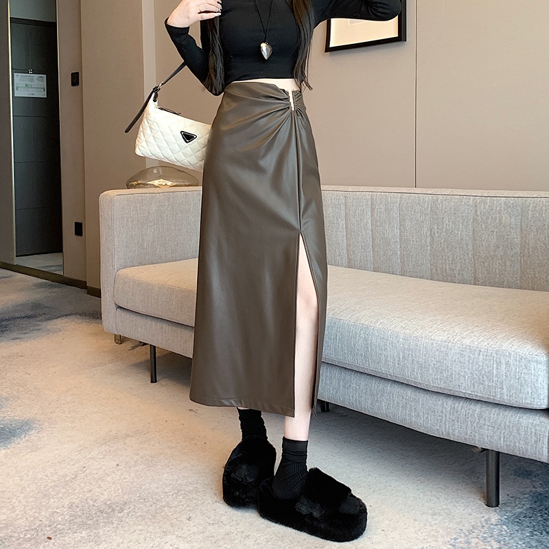 Liasynn Dụng Cụ Đóng Mắt Nằm Đóng ~ Công Cụ Cầm Tay Chân Dài!Chân Váy Da Dáng Chữ a Lưng Cao Xẻ Tà Thời Trang Thu Đông Cho Nữ