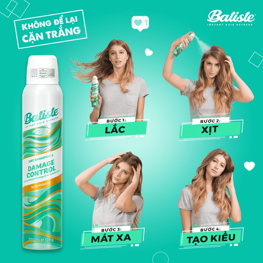 Combo dầu gội khô Batiste Dry Shampoo dòng chuyên sâu giải quyết các vấn đề cho tóc khỏe mạnh 200ml Daily Beauty