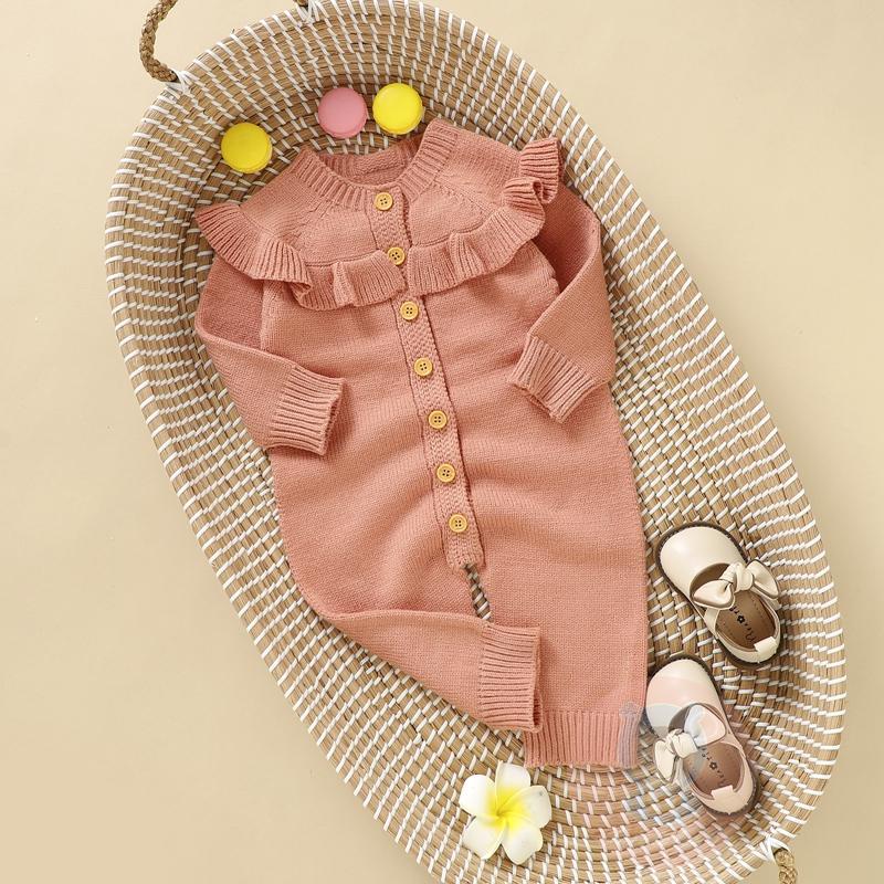 Bộ Áo Liền Quần Dệt Kim Tay Dài Nhún Bèo Màu Sắc Xinh Xắn Cho Bé Gái laa6