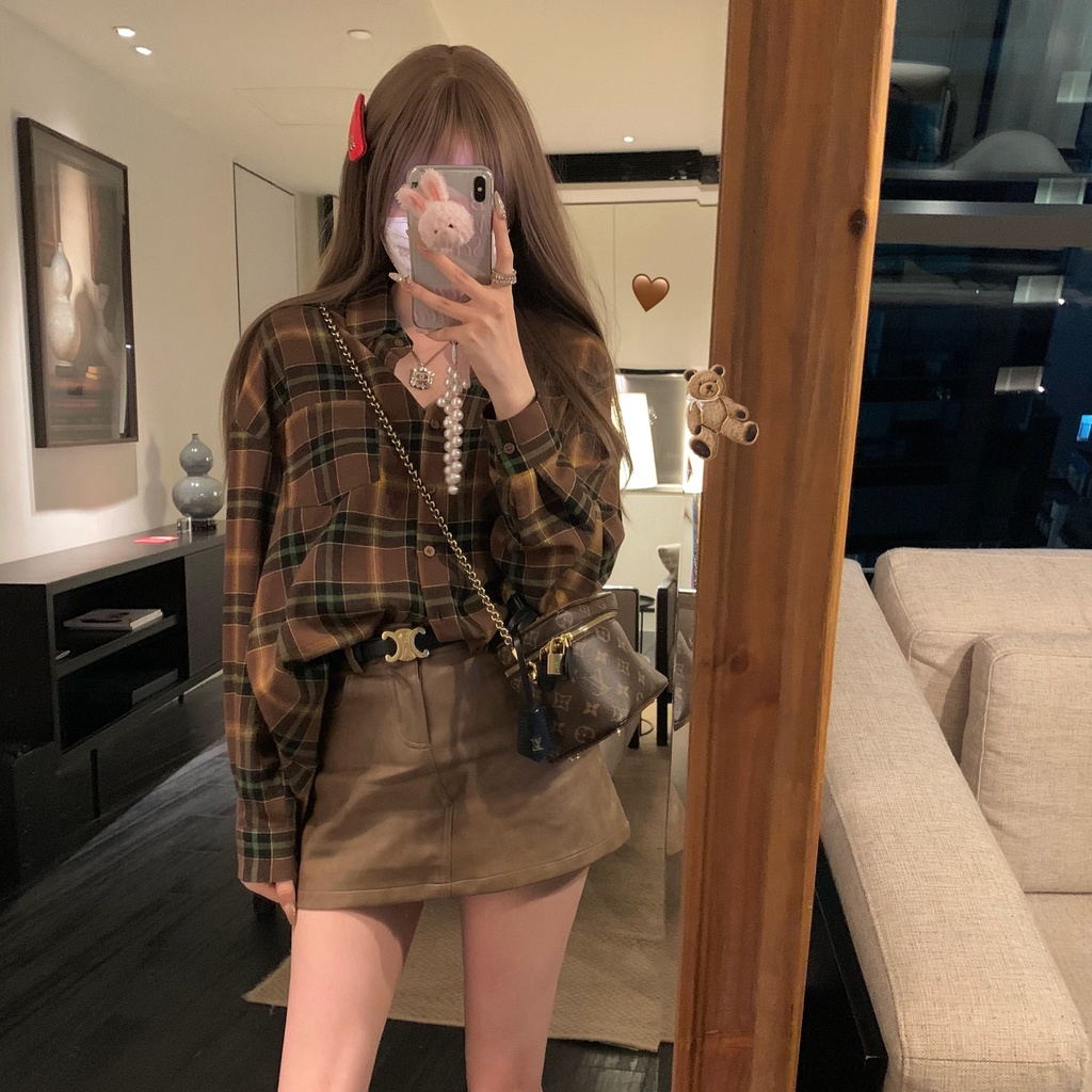 SUXI Áo Sơ Mi Caro Dài Tay Phong Cách retro Hàn Quốc Cho Nữ