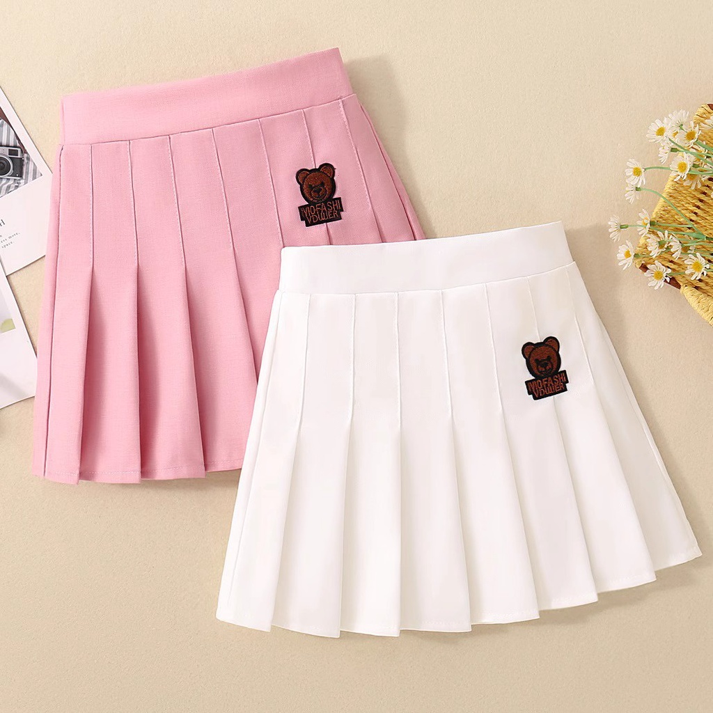 Chân Váy Xếp Ly Màu Trơn In Họa Tiết Hoạt Hình Chú Gấu Dễ Thương Thời Trang Xuân Thu Cho Bé Gái