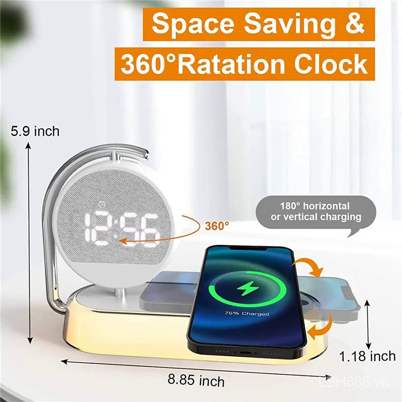 Đế Sạc Nhanh Không Dây Kiêm Đồng Hồ Báo Thức 15w Có Đèn led Xoay 360 Độ Cho iphone 14 13 12 11 pro max samsung