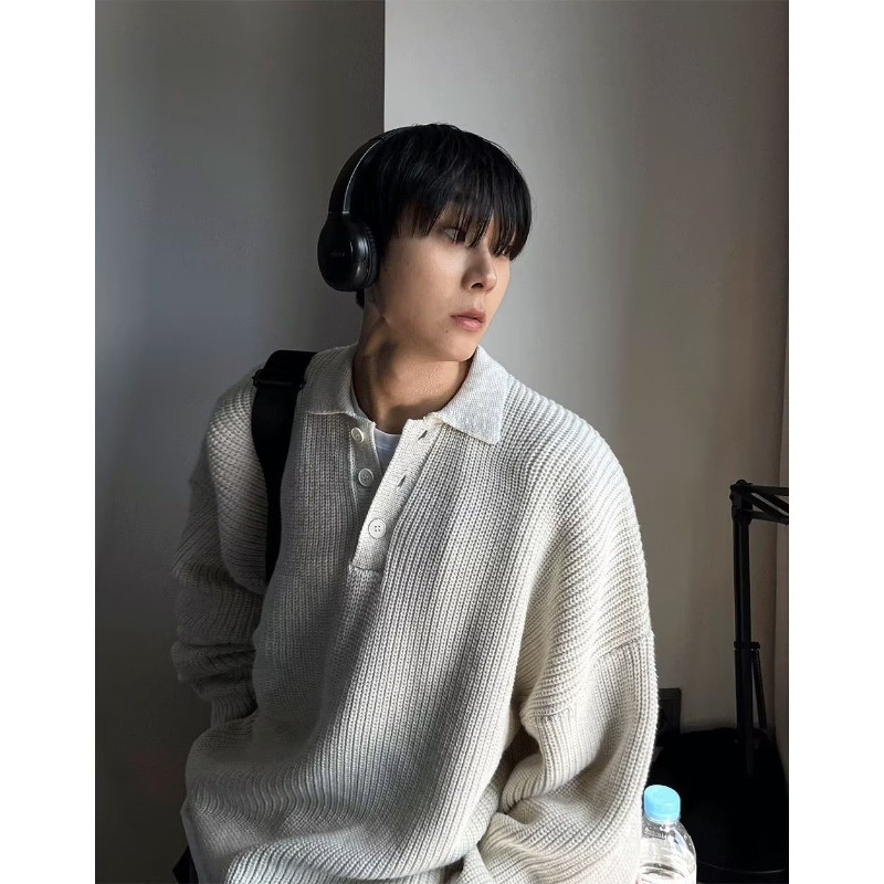 Áo sweater Dệt Kim Cổ polo Dáng Rộng Màu Sắc Đơn Giản Thời Trang Thu Đông Cho Nam Giới