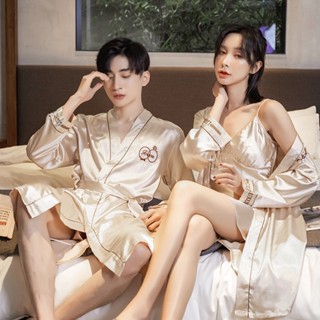 Mới Bộ Đồ Ngủ Lụa Áo Choàng + Quần Sooc Thêu Họa Tiết Thời Trang Xuân Thu Quyến Rũ Cho Nam Và Nữ