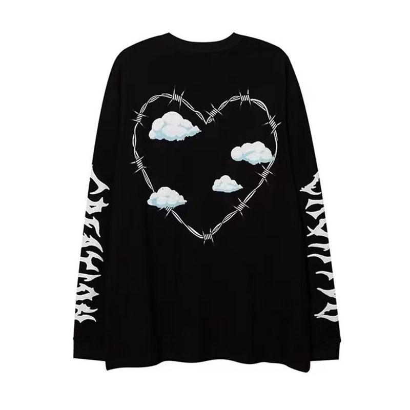 Áo sweater Tay Dài Dáng Rộng In Hình Trái Tim Màu Tối Phong Cách hip hop Đường Phố Âu Mỹ Cho Nam