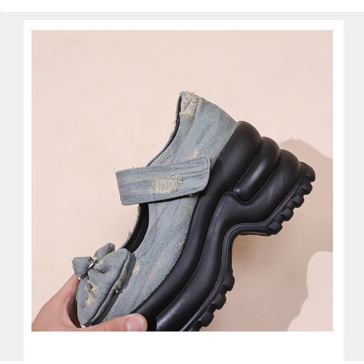 Giày Loafer denim Đế Dày Thắt Nơ Phong Cách Mới Mùa Thu 2023